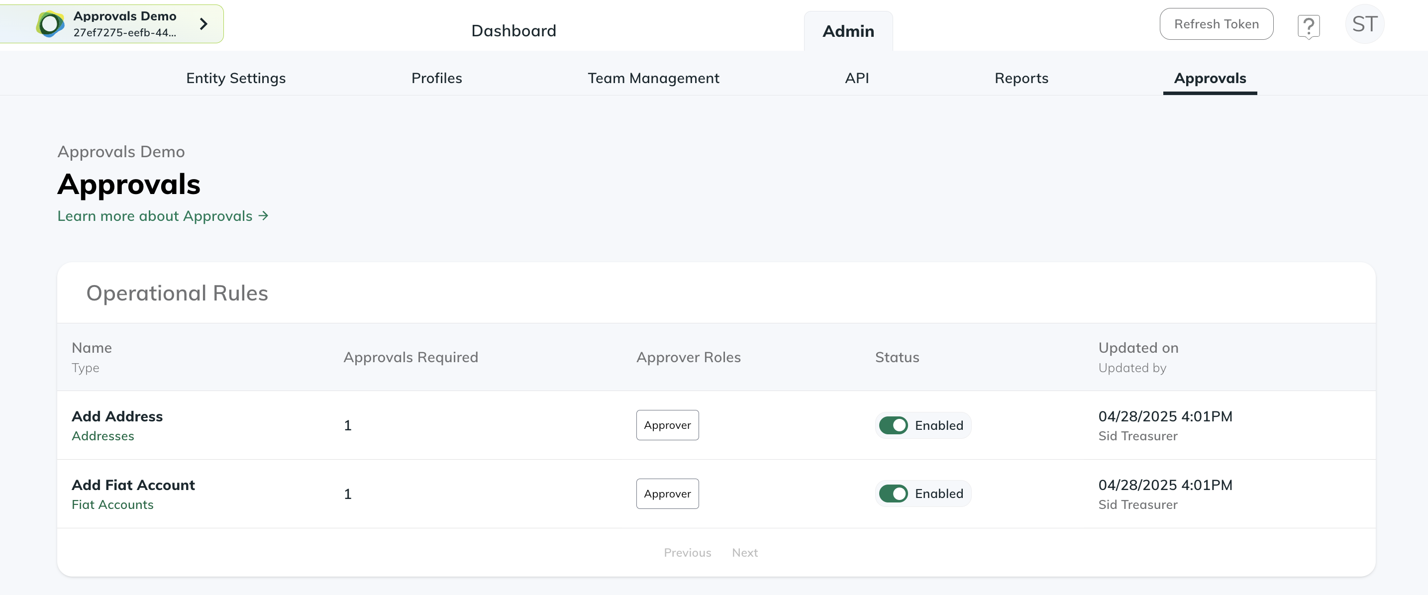 Approvals Page